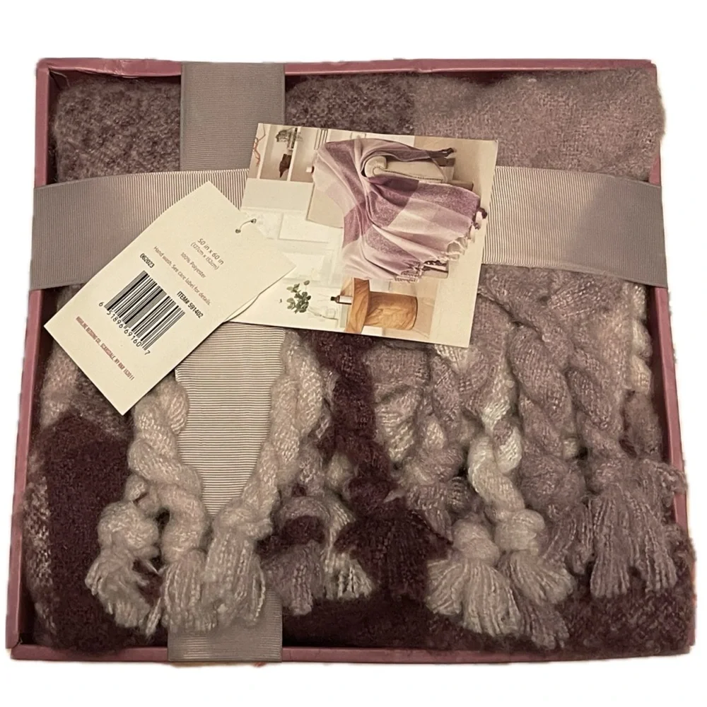 NWT Highline Bedding Co 50”x 60” Purple Plaid Knit Throw Blanket Braided Tassels